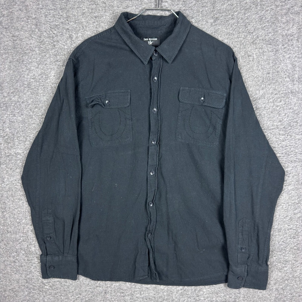 True Religion Shirt Mens XXL Black Utility Flannel Long Sleeve Button Western